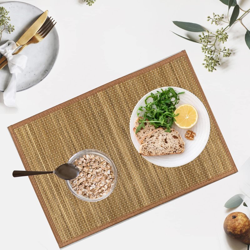 ANDSTAR Set of 8 Pcs Bamboo Placemats with Fabric Border Japanese Style Natural Anti-Slip Bamboo Placemats Washable Heat-Resistant Table Mats for Dining Room and Kitchen (Brown)