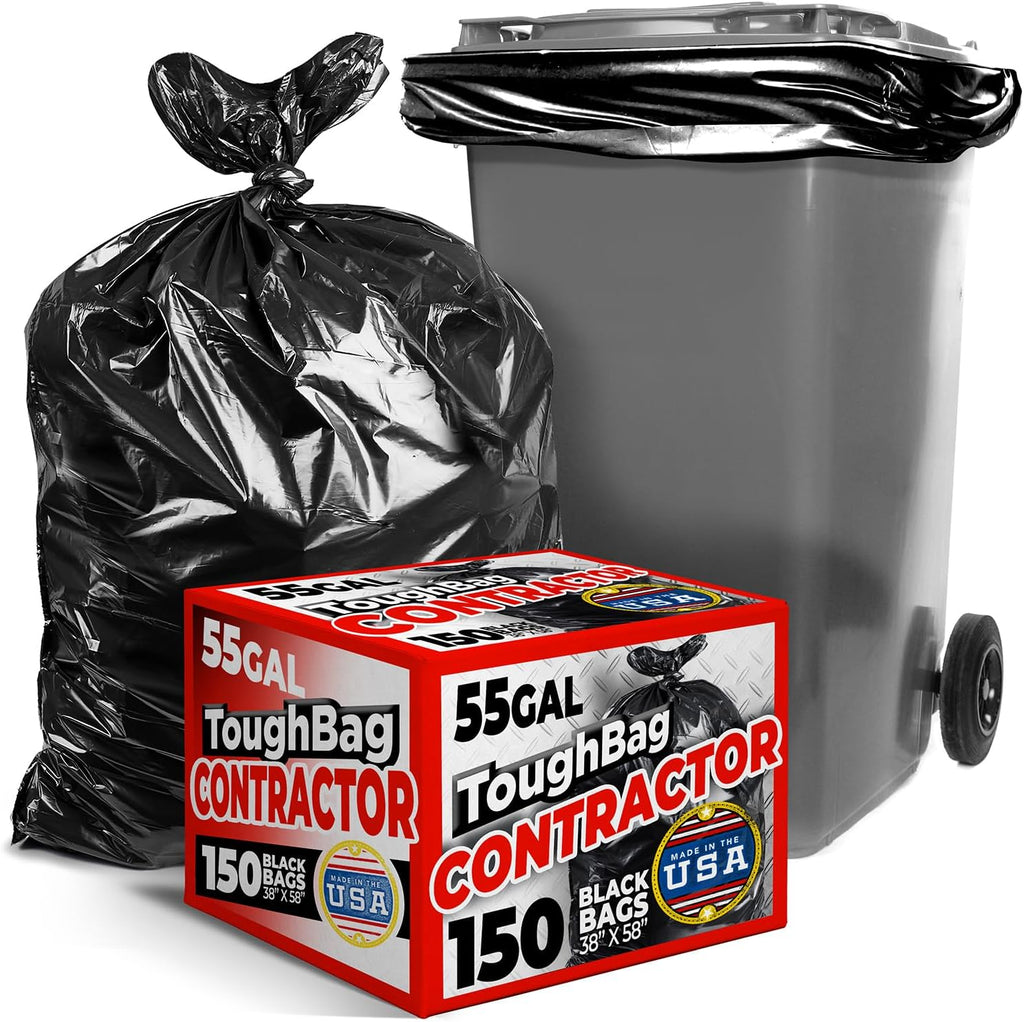 ToughBag Heavy Duty Trash Bags - 150 Count, 55-60 Gallon Large Black Garbage Bags | Made in USA