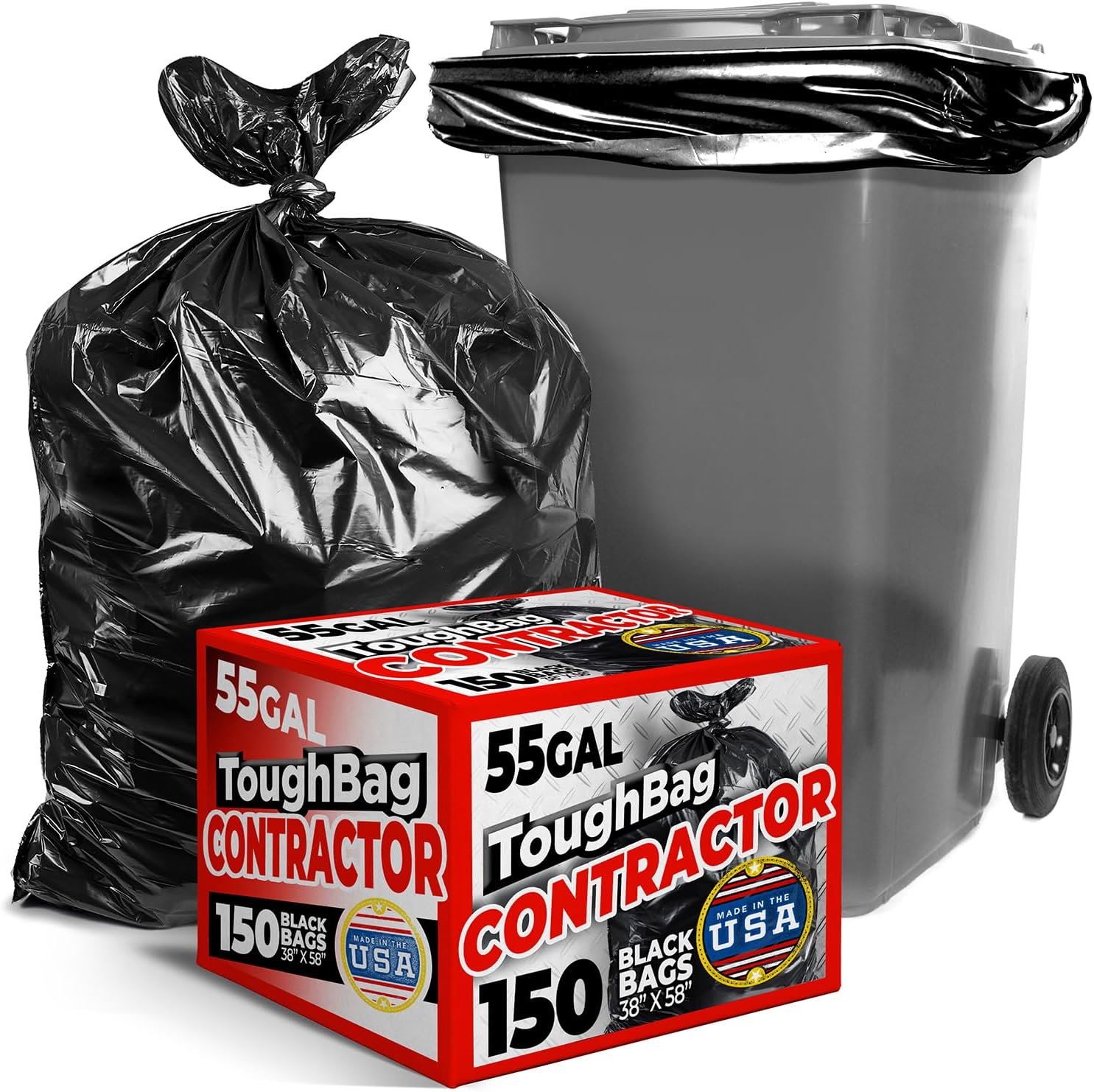 ToughBag Heavy Duty Trash Bags - 150 Count, 55-60 Gallon Large Black Garbage Bags | Made in USA
