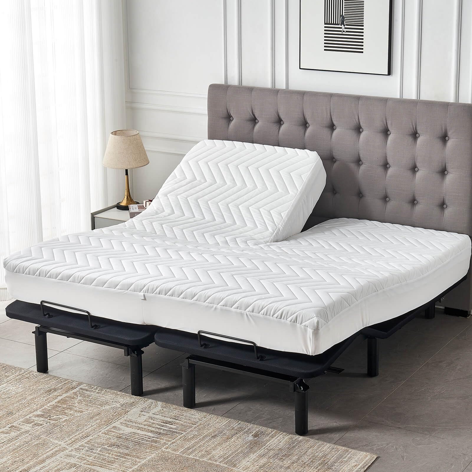 Kingnex Waterproof Quilted Split Top King Mattress Protector Pad for Adjustable Bed with Upper Flex Fitted Sheet Padded Mattress Cover 32-34 Split from Head