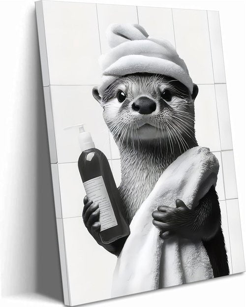 Funny Bathroom Otter Canvas Wall Art - Cute Black and White Otter Painting | 12x16in Home Decor