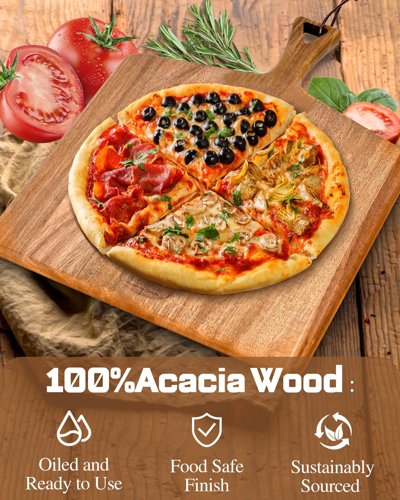 Acacia Wood Cutting Board-Square wood cutting board with handle-charcuterie boards-Serving Board-Pizza Board-Cheese Board.decorative cutting boards for kitchen-Multipurpose & Durable，Large 17" x 13"