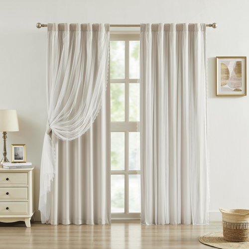 Bujasso Beige 80% Blackout Curtains with Sheer Overlay Mix and Match Double Layer Thermal Insulated Window Panels 95 inch for Bedroom Beige Drapes with Tiebacks Rod Pocket Back Tab 37" Wx95 Lx2