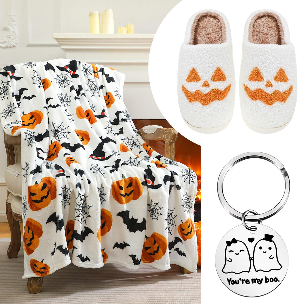 Buryeah 3 Pcs Halloween Throw Blanket Set Include 50"x60" Halloween Fleece Throw Blanket Jack O Lantern Pumpkin Fuzzy Slippers Boo Keychain for Women Men Spooky Gifts Ghost Bedroom Living Room