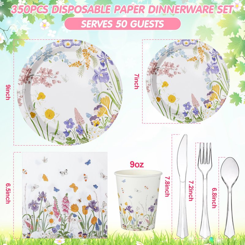 FillTouch 350 Pcs Spring Floral Party Decoration Paper Plates Disposable Tableware Napkins Cups Knives Forks Spoons for 50 Guests Floral Baby Shower Party Tableware for Birthday