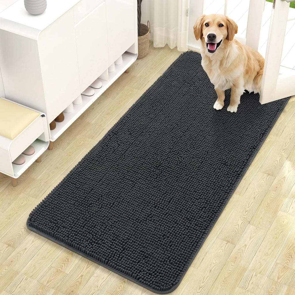 OLANLY Dog Door Mat - Absorbent Non-Slip Chenille Doormat for Muddy Paws | 47x24 Dark Grey