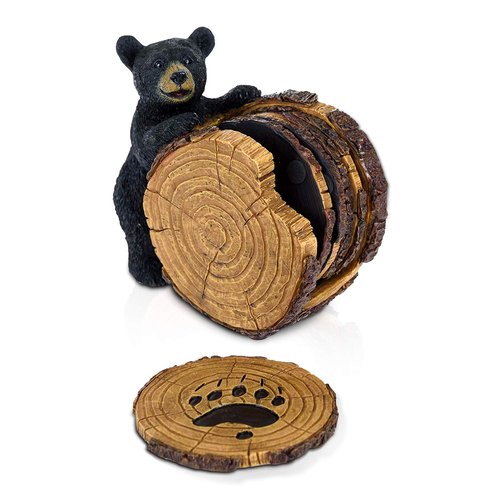 Black Bear Stump Coaster Set - Bear Cabin Decor Coasters for Drinks Set of 5 - Bear Gifts for Women Coasters and Holder - Birthday Gifts Kitchen Home Decor for Dining Room