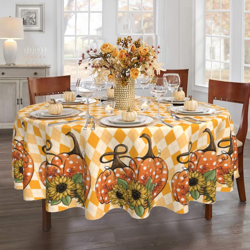 Dynamara Fall Round Tablecloth 60 Inch Autumn Pumpkin Table Cloth Waterproof Wipeable Table Cover for Thanksgiving Party Picnic Kitchen Home Decoration