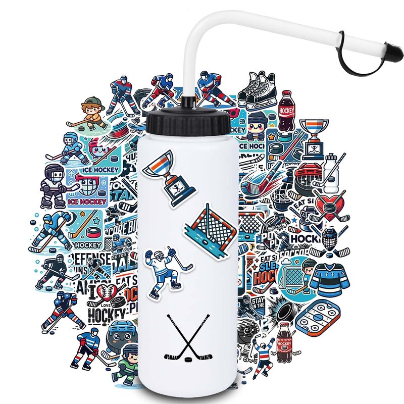 RhythmFit Hockey Gifts,2 Pack Hockey Water Bottle with Long Straw and 100PCS Stickers Accessories Stuff for Boys Men Player Lovers (1L,Squeeze,BPA-Free)