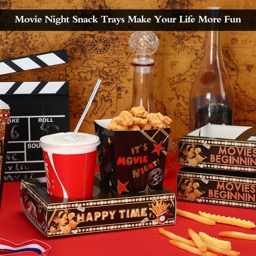 Faccito 36 Pcs Movie Night Snack Trays Theater Snack Boxes Disposable Cinema Paper Holder Movie Night Neon Glow Party Supplies for Popcorn Food Candy Drink Party Favors(Black Gold,Cute Style)