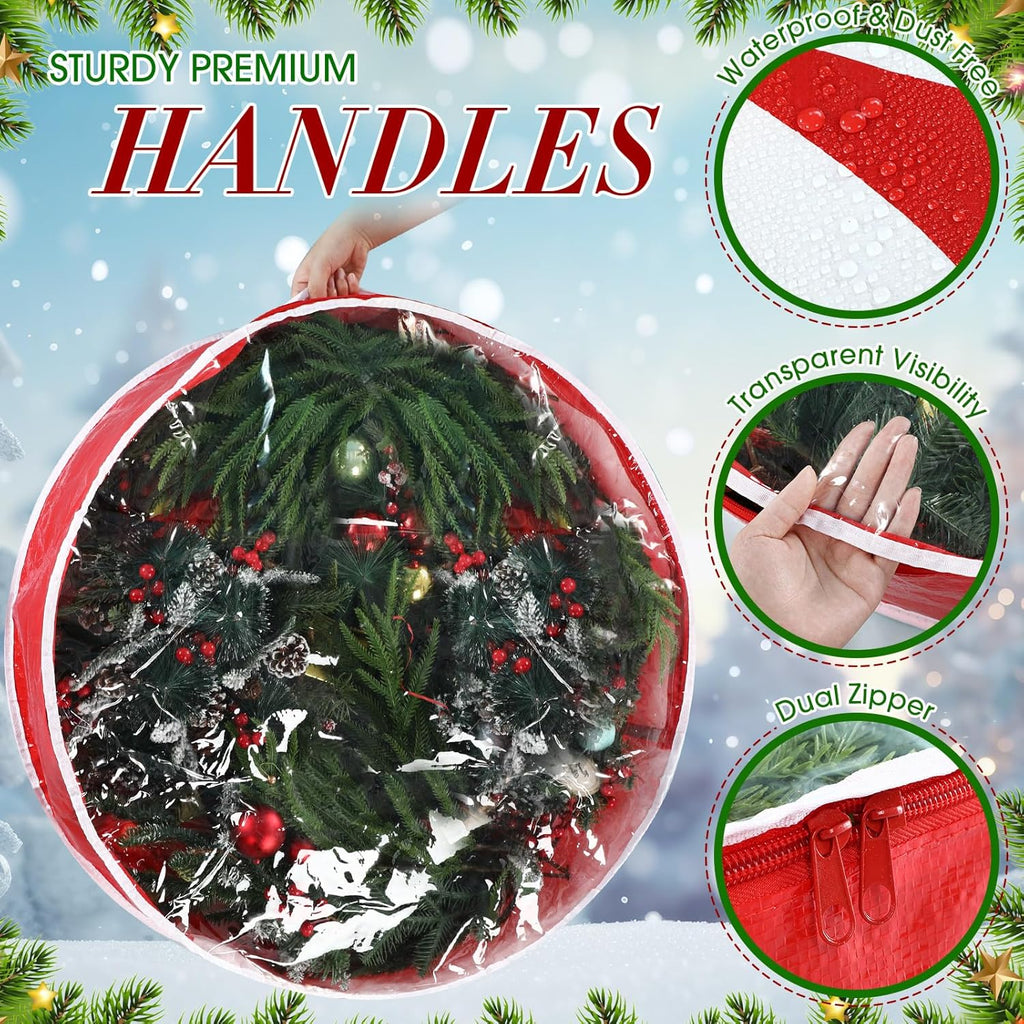 Regine Switzerland Christmas Wreath Storage Bag - 30 Inch Clear Window Design with Dual Zipper Handle | Red & White Peppermint Candy Cane Organizer