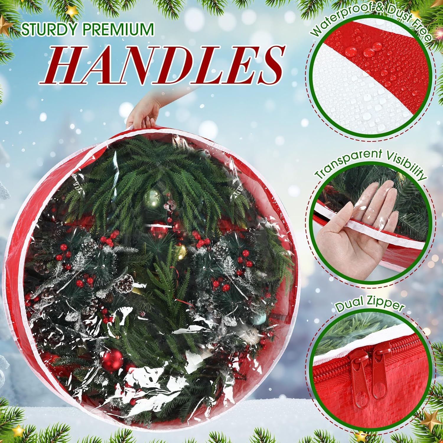 Regine Switzerland Christmas Wreath Storage Bag - 30 Inch Clear Window Design with Dual Zipper Handle | Red & White Peppermint Candy Cane Organizer