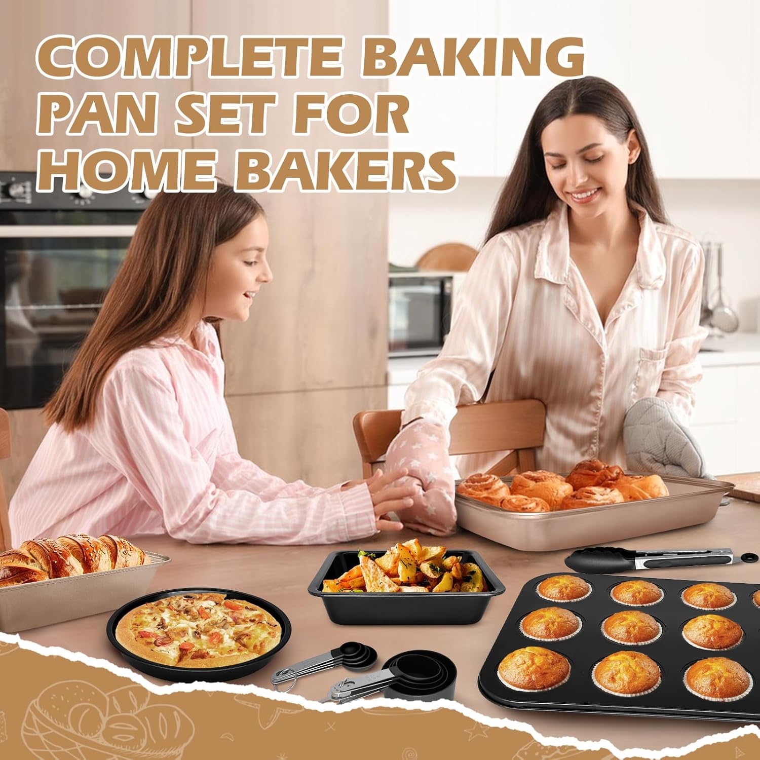 Skiennix Nonstick Bakeware Set - 15-Piece Baking Pan Set with Cooling Rack & Accessories | Oven Safe Metal