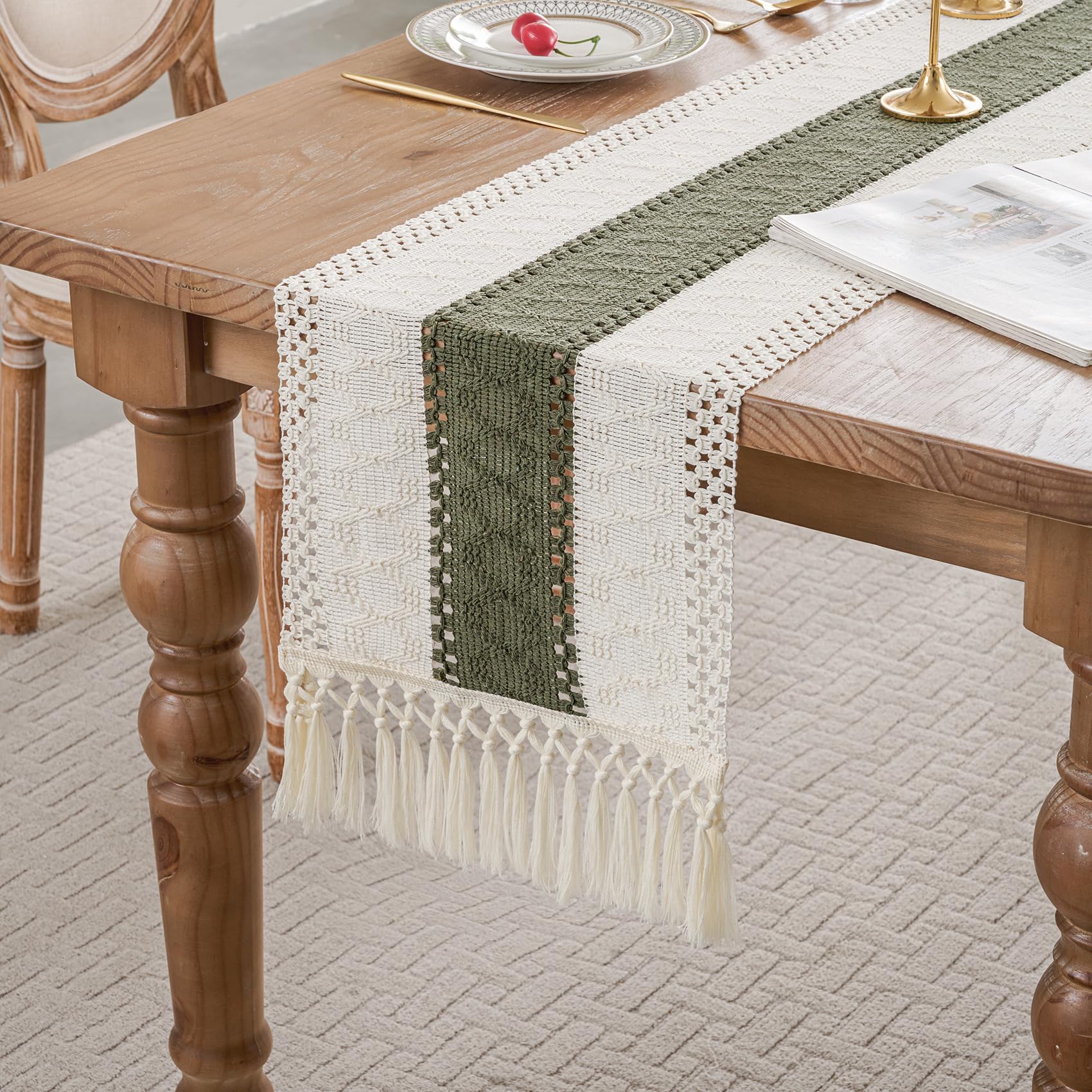 duduta Sage Green Christmas Macrame Table Runner 90 inch Long, Rustic Farmhouse Dresser Covers Boho Coffee Table Decor