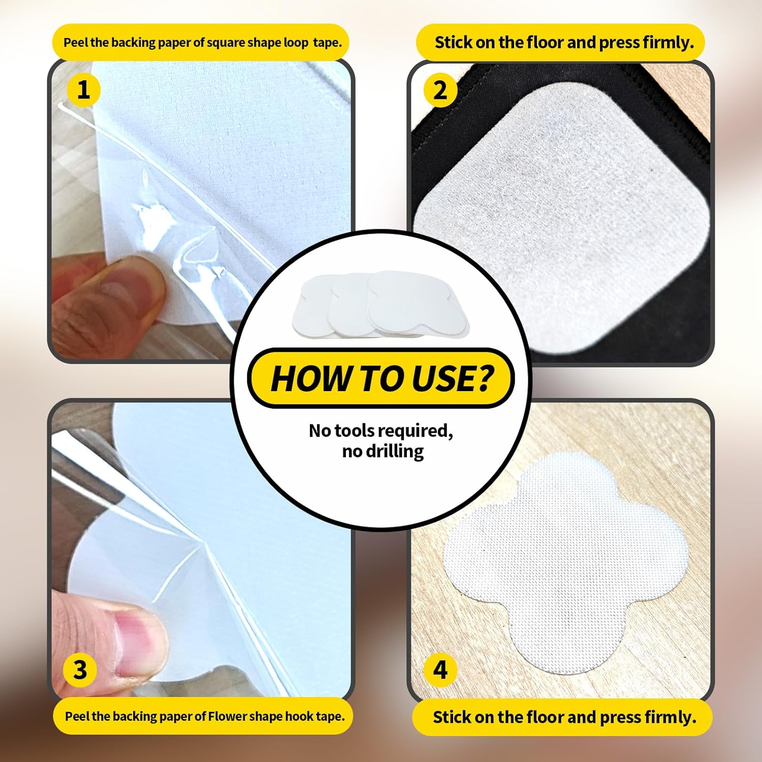PHIXBEAR Heavy-Duty Carpet Pad Gripper - 16 Sets of Super Adhesive Hook and Loop Strips for Rug Safety