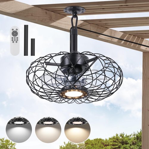 Miuyhji Black Outdoor Ceiling Fans with LED Light, 15" Waterproof Gazebo Fan Plug in Caged Industrial Fandelier Ceiling Fan with Remote, 6 Speeds Adjustable Height Fan for Bedroom Living Room Pergola