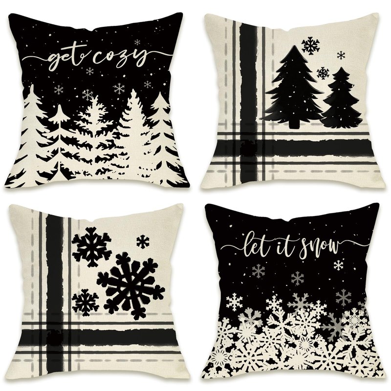 Fahrendom Winter Snowflake Decorative Throw Pillow Covers 18x18 Set of 4, Let It Snow Christmas Pine Tree Black Outdoor Pillowcase, Get Cozy Seasonal Holiday Farmhouse Cushion Case Home Decor