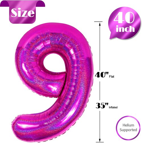 Laser Hot Pink Number 9 Balloon - 40 Inch Giant Birthday Decoration for Girls | Perfect for 9th, 19th, 29th Parties