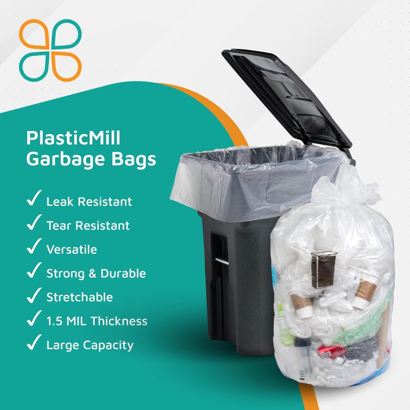 PlasticMill Heavy Duty Trash Bags - Clear Garbage Bags - Plastic Rubbish Sacs for Large Rolling Trash Bins - Tall Plastic Bags - 95-Gallon Large Kitchen Trash Bags, 1.5 Mil, 61"x68" (30-Count)