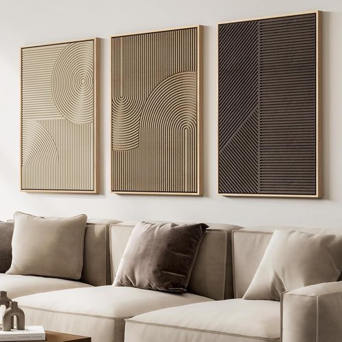 Boho Abstract Wall Art Set by [Brand Name] - 3 Piece 3D Textured Framed Artwork | Modern Minimalist Beige & Brown Decor 24x36 In