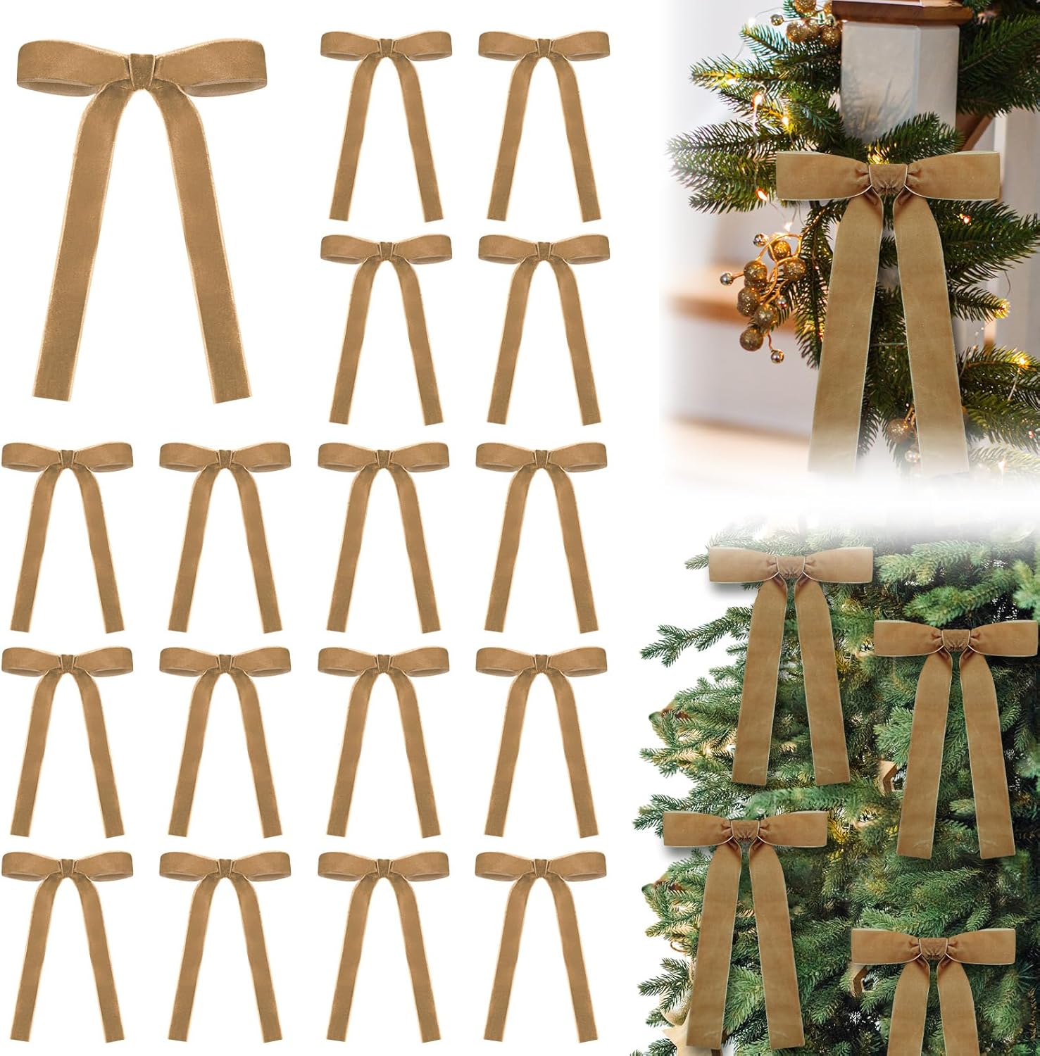 Skiennix Velvet Bows - 24 Pcs Vintage Ribbon Bows for Christmas Tree & Crafts | Light Khaki (5 x 7 Inch)