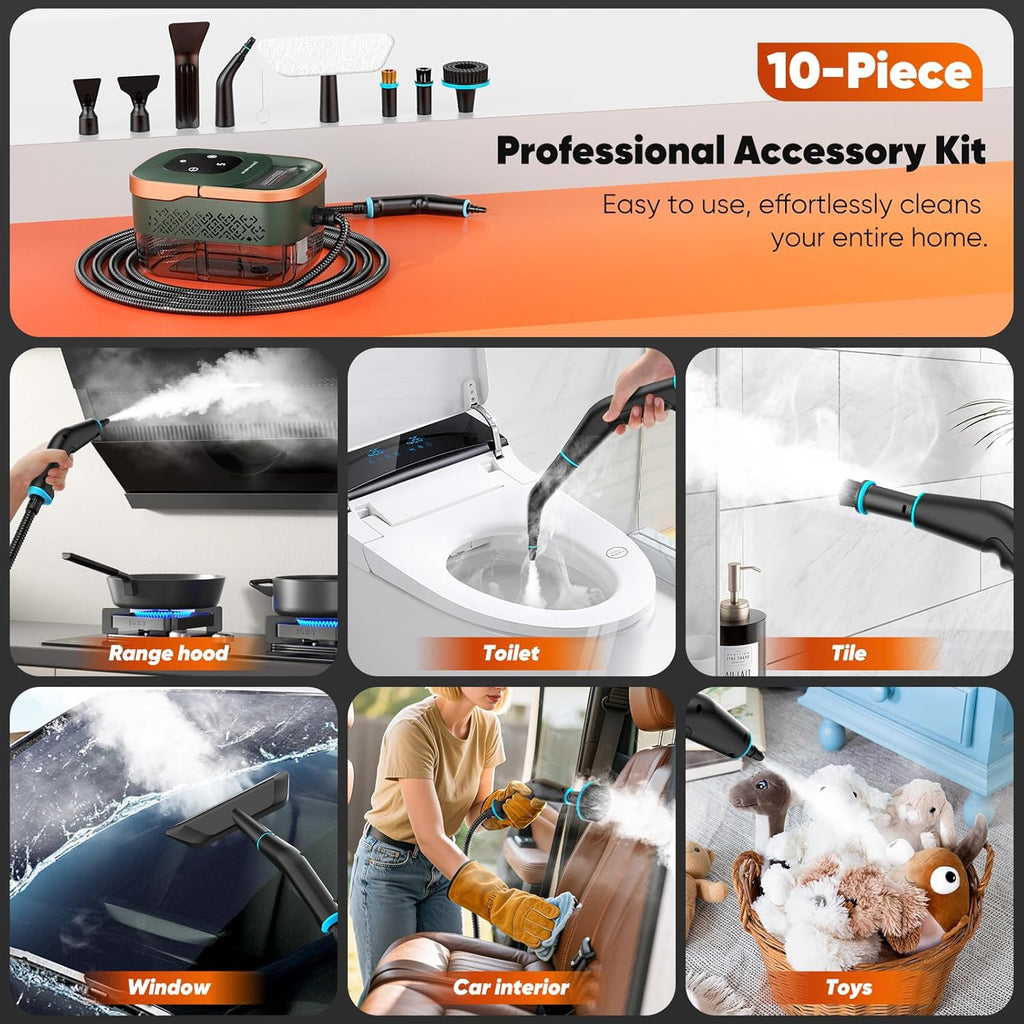 Skiennix Steam Cleaner - 2500W Handheld Grout Cleaner with 1.32QT Tank & 10 Attachments | Green/Gold