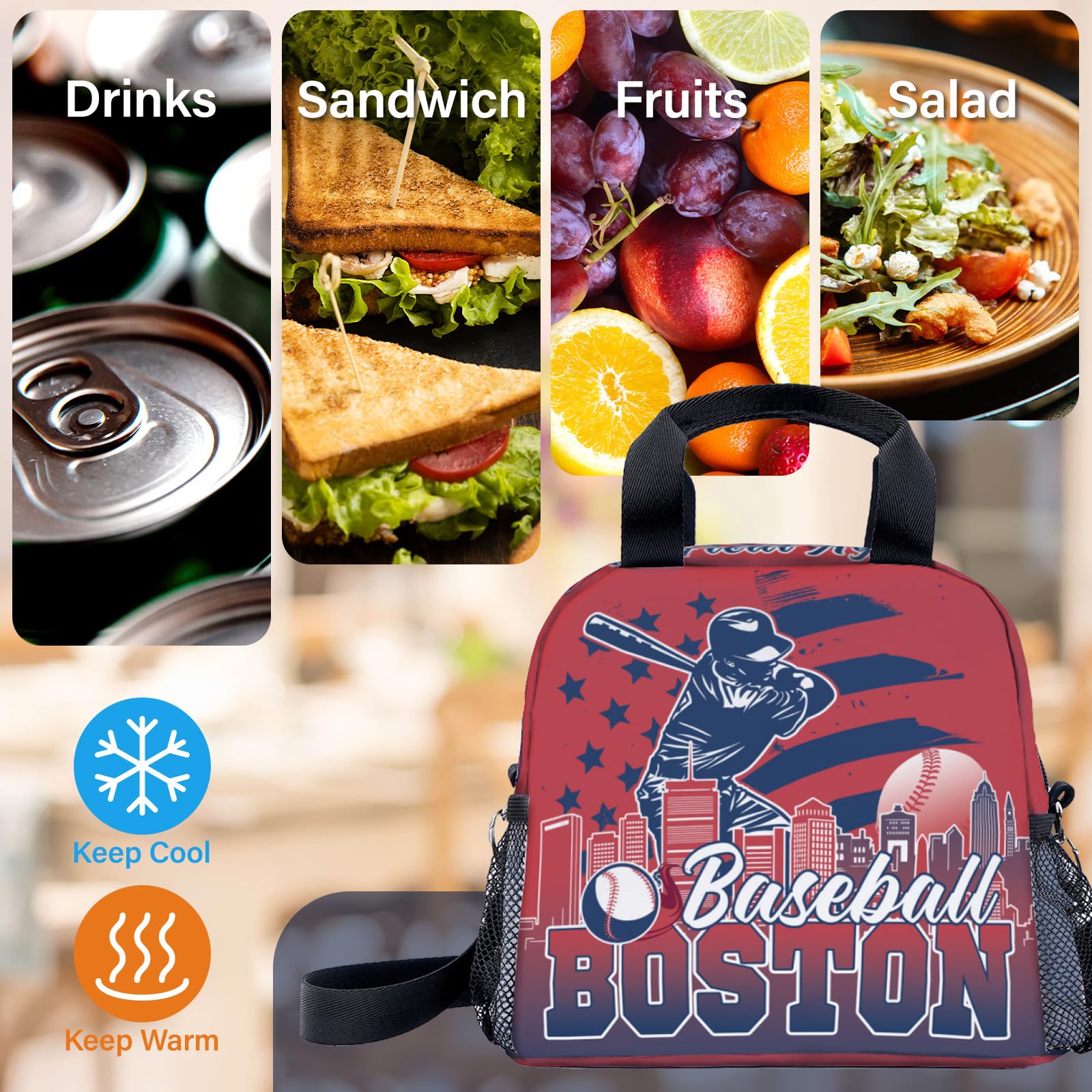 Racigomr Baseball Gifts for Boston, Baseball Lunch Box, Lunch Containers for Fans, Insulated Lunch Bags with Adjustable Shoulder Strap