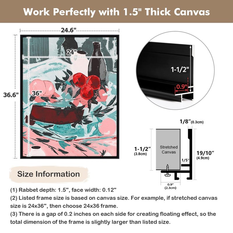 FOLKOR 1.5” Deep Frame for 12x36 Canvas Paintings, DIY Metal Floating Frame for Artists Designers Landscape Portrait Artwork, Modern Home Office Wall Decor (Black)