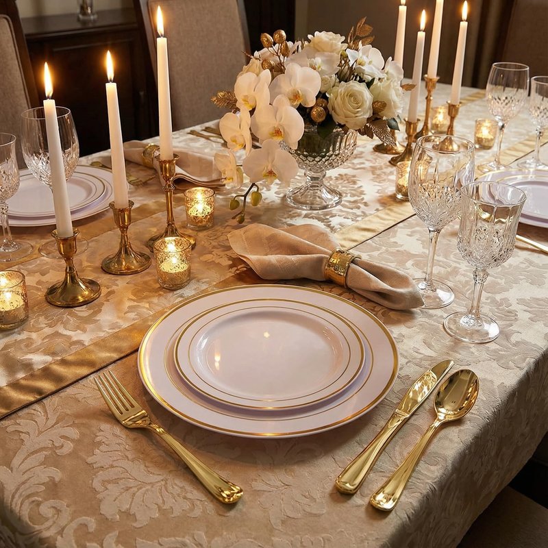 Supernal 800pcs Gold Glitter Dinnerware Set, Plastic Plate Set for 100 Guests,Dinnerware Set of 200 Gold Glitter Plastic Plates,200 Forks 100 Knives,100 Spoons,100 Cups,100 Paper Napkins for Party.