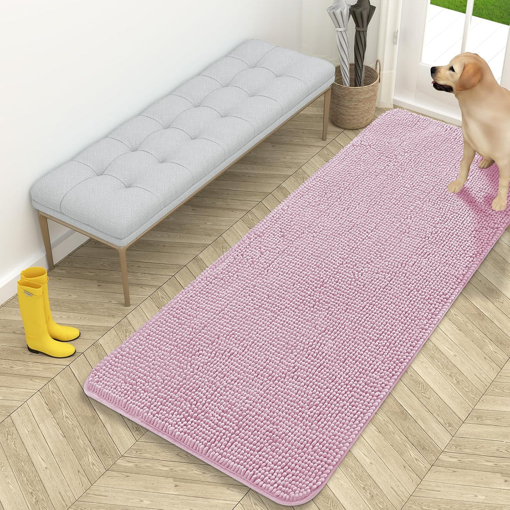 OLANLY Dog Door Mat - Absorbent Non-Slip Chenille Mat for Muddy Paws | 59x24, Quick Dry, Dusty Rose