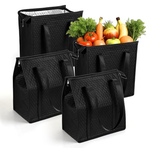 simarro 4 Pack Insulated Grocery Bags, Reusable Shopping Bags Cooler Bag Thermal Totes with Zippered Top & Handle for Groceries & Food Delivery (Black)