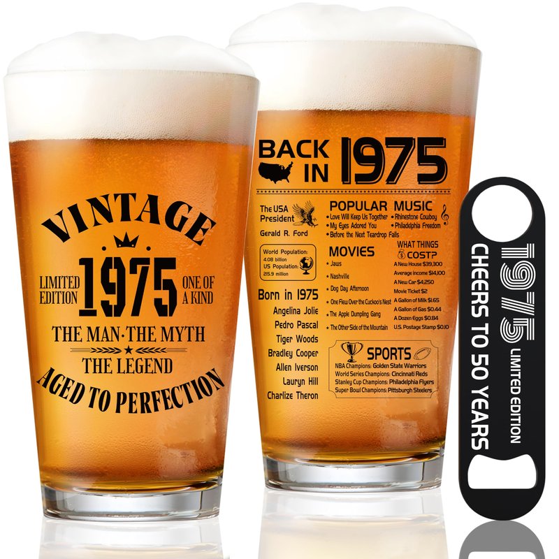 YJGS 51th Birthday Gifts for Men, 1975 Beer Glass 16oz, 51th Birthday Decorations, 51 Year Old Gifts for Men, Mens 51th Anniversary Birthday Gift Ideas, Funny Fathers Day Dad Present