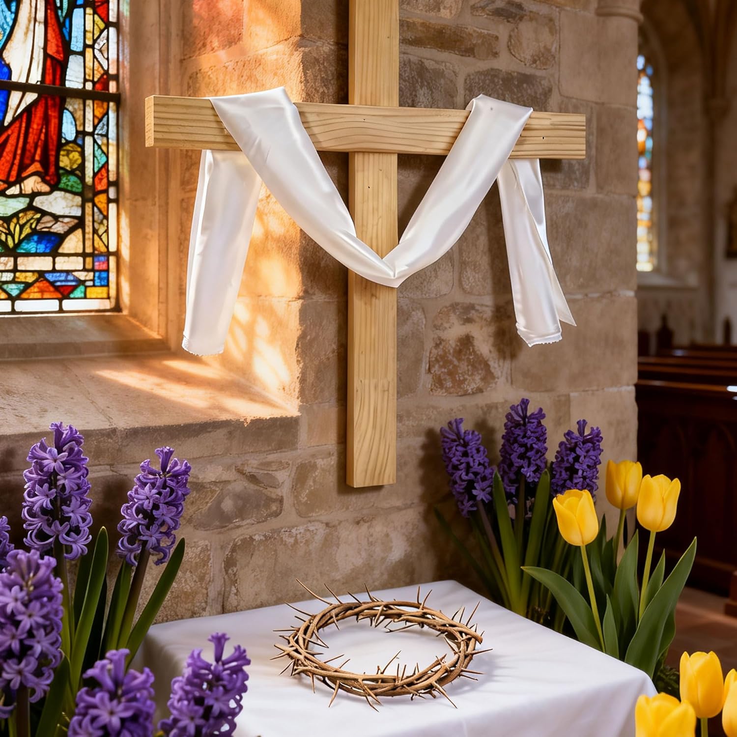 Nature Crown of Thorns | 67'' Satin Fabric Wearable | Handmade for Christian Easter, 7.5-8"