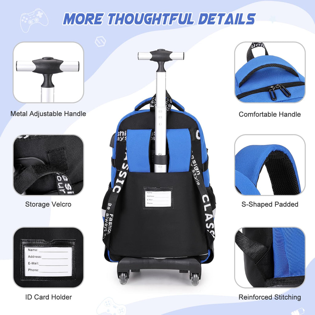 Scothen Rolling Backpack for Boys, Cool Luminous Gamer Roller School Backpacks for Boys with Lunch Bag and Pencil Pouch, Kids Backpack Bookbag with Wheels for Kindergarten Elementary Middle School