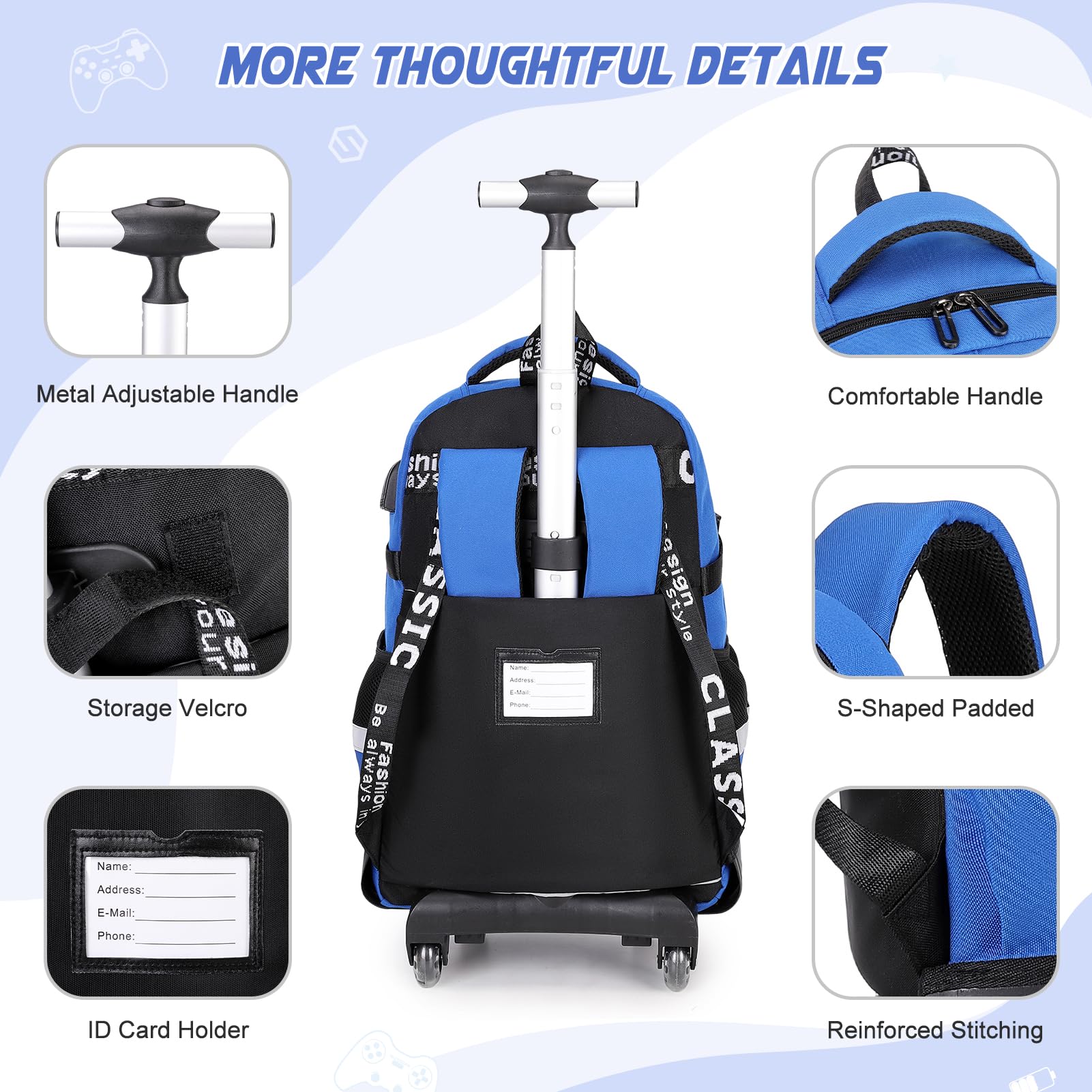 Scothen Rolling Backpack for Boys, Cool Luminous Gamer Roller School Backpacks for Boys with Lunch Bag and Pencil Pouch, Kids Backpack Bookbag with Wheels for Kindergarten Elementary Middle School