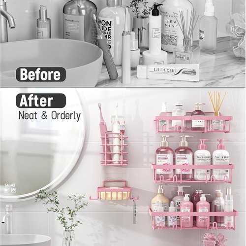 Liuoud Shower Caddy Organizer - 5 Pack Rustproof Stainless Steel Wall Storage Baskets | Pink Decor Set