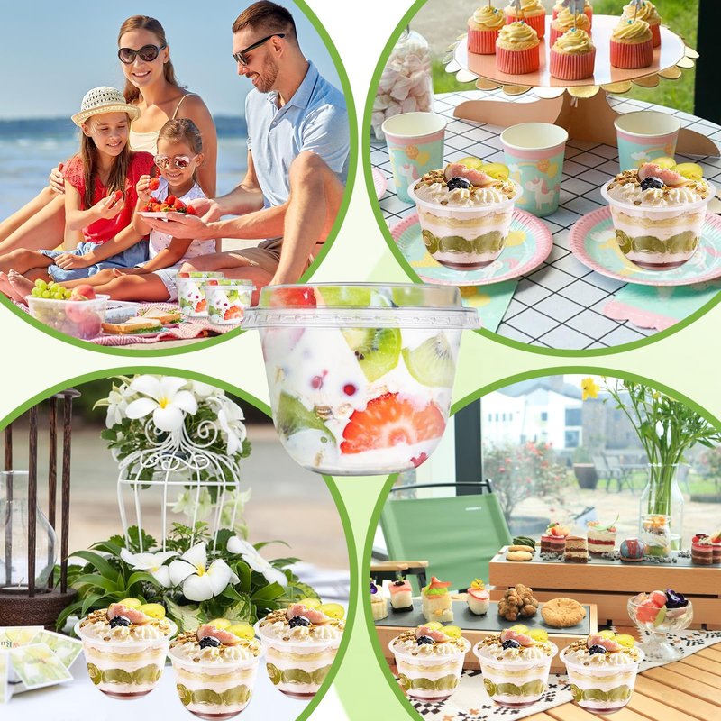 LOPYXBR 100 PCS 10 Oz Plastic Parfait Cups with Flat Lids Disposable Dessert Cups with Lids Clear Plastic Fruit Cups Snack Cups with Lid for Iced Cold Drinks,Cake, Fruit, Parfait, Pudding