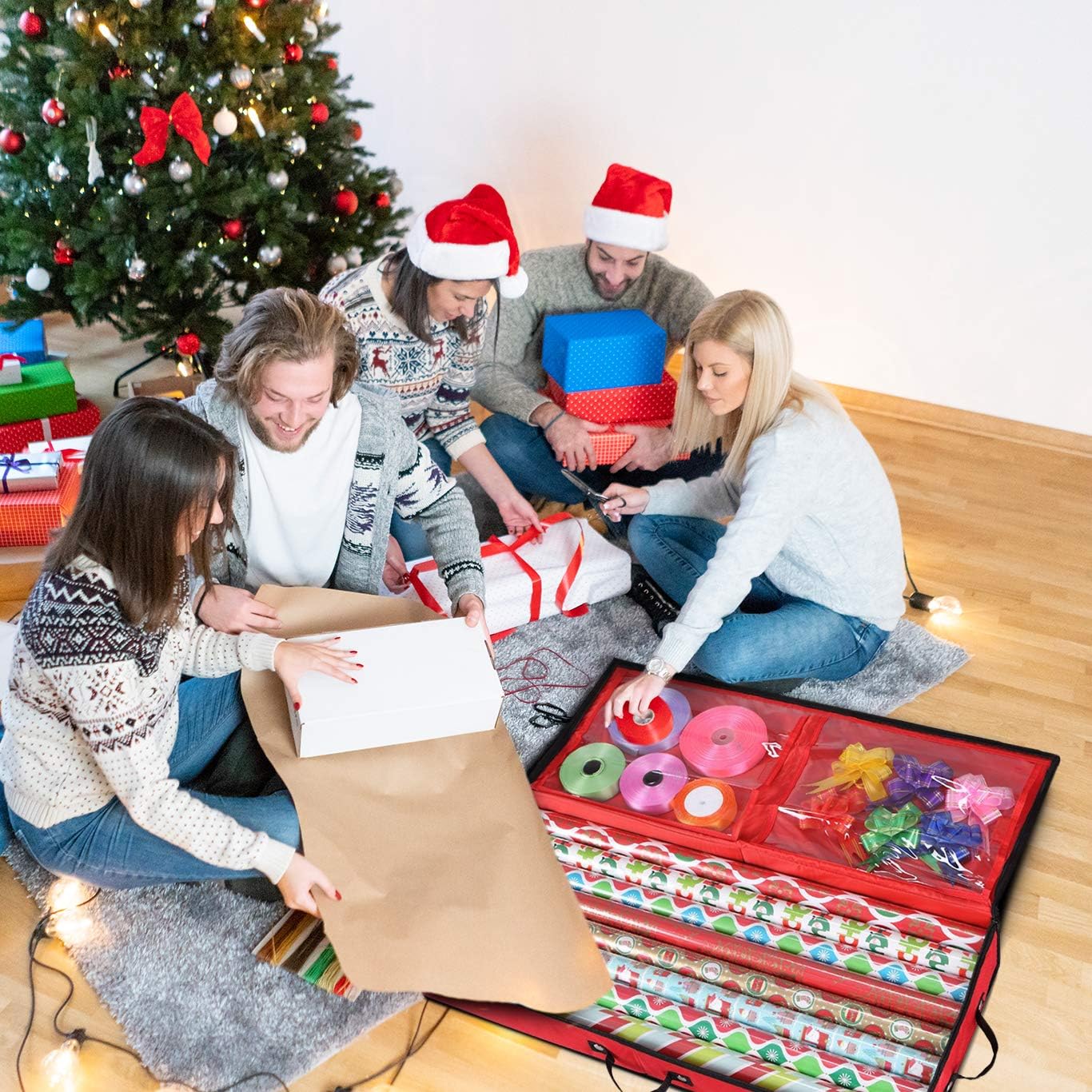 Primode Wrapping Paper Storage Container - Under Bed Gift Wrap Organizer for 30-Inch Rolls | 31”x13.5”x4.5” | Durable 600D Oxford Material with Pockets for Ribbons and Bows (Red)