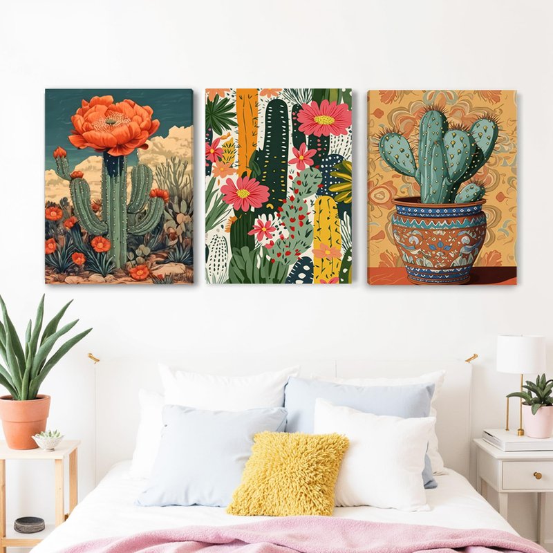 Ovczax Bohemian Style Decorative Paintings, Mexican Cactus Flowers Wall Paintings, Desert Plants Prints 3 - Piece Art Set For Home Office, Bedroom And Living Room 24" x 16"
