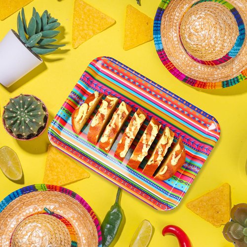 Zubebe Set of 3 Cinco De Mayo Serving Trays 13" x 10" - Mexican Party Decorations, Fiesta Supplies, Reusable Large Boho Rainbow Platter for Festivals