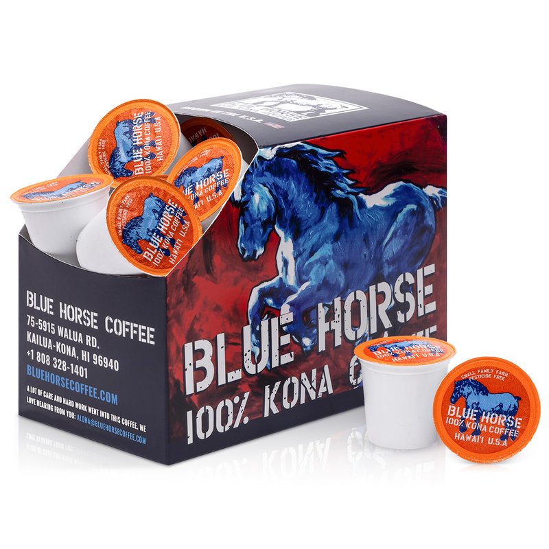 Blue Horse 100% Kona Coffee Pods, Medium Roast, 20ct Single Serve, Compatible with K Cups 2.0, Farm Fresh, Authentic Arabica Beans from Hawaii’s Big Island for a Smooth, Rich Flavor