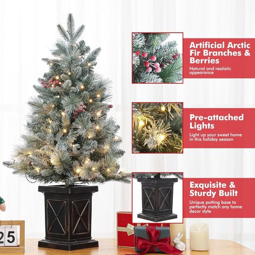 3ft Small Christmas Tree Pre-Lit Artificial Christmas Tree with 78 Led Lights, Snow Flocked Xmas Tree with X Brown Base, Timer Function, Battery Operated, for Home Christmas Decor