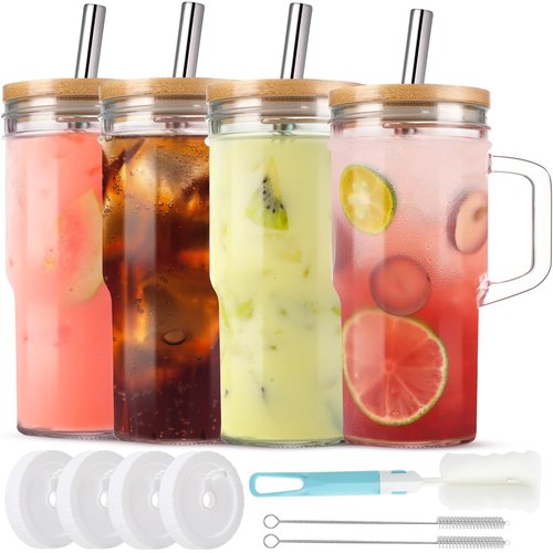 Qumuauu 4Pack 24oz Glass Tumbler Cup with Bamboo Handle Lids and Straws, Mason Jars with Wide Mouth Iced Coffee Cup Reusable Drinking Glasses Travel Mug for Smoothie Beer Juice Tea
