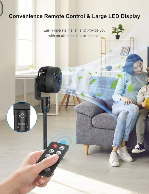 JRD Oscillating Floor Fan - Quiet 70° Pedestal Fan with Remote Control | 6 Speeds, Adjustable 19-38" Height