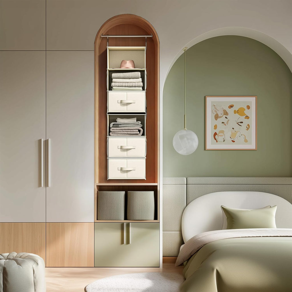 Vailando 6-Shelf Closet Organizer - Versatile Hanging Storage with 3 Drawers | Beige Wardrobe Solution