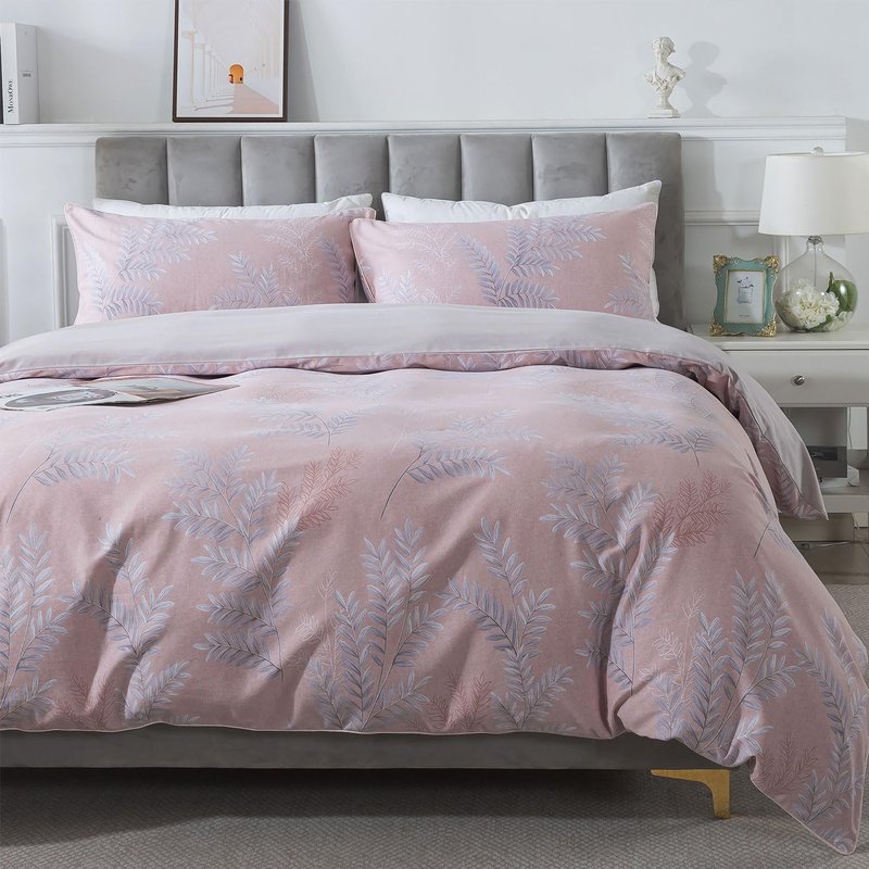 FADFAY Duvet Cover Sets Queen 100% Brushed Cotton Vintage Foliage Patterned Pink Comforter Cover Country Bedding for All Season Soft Reversible Bed Cover with Zipper 3Pcs