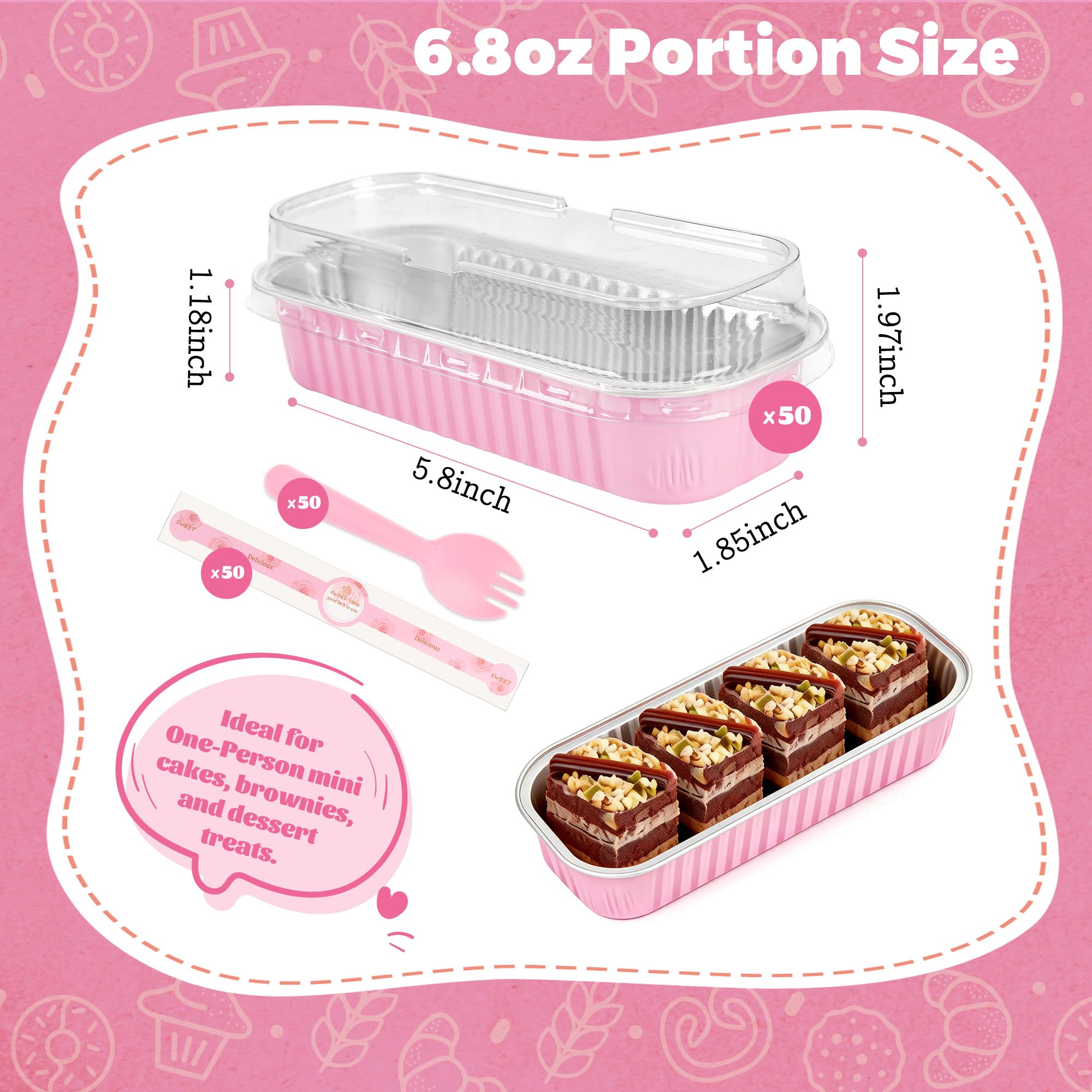 NPLUX 50 PACK Mini Cake Pans with Lids and Spoons,Rectangular Aluminum Foil Bread Pan,Mini Loaf Pans and Food Containers with Lids(Pink,6.8oz)