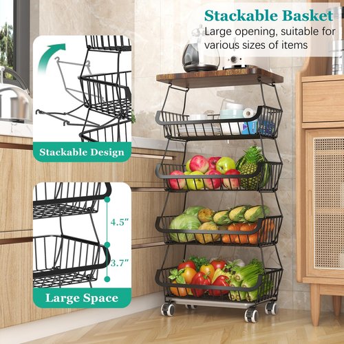 CHLORYARD Fruit Basket with Wooden Lid for Kitchen, 5-Tier Stackable Wire Fruit Vegetable Storage Basket Organizer Stand on Wheel, Produce Basket Potato Onion Storage Bins Rack Cart for Pantry