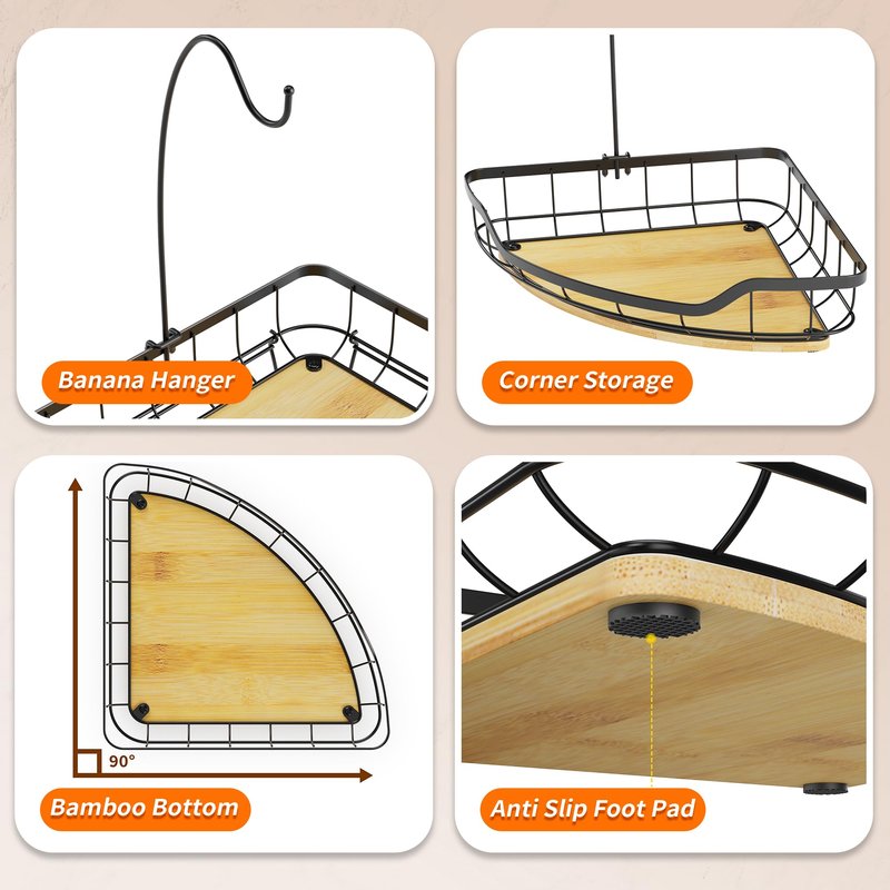 CACHOLIV Fruit Holder for Kitchen Countertop with Banana Hanger, Vegetable Basket with Bamboo Base for Kitchen Corner Storage, Black