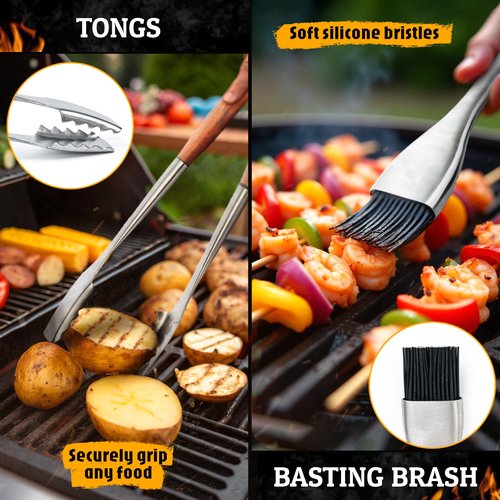 BBQ Grilling Accessories - Barbecue Tool Sets - Luxury Grill Accessories Kit - Grill Set – Premium Stainless Steel Equipment - 5 in 1 BBQ Tongs, Meat Fork, Spatula & Basting Brush